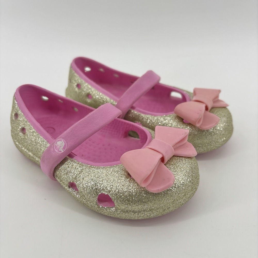 Crocs Keeley Hi Glitter Bow Mary Jane Shoes Girls  7 Pink Silver Toddler Slip-on